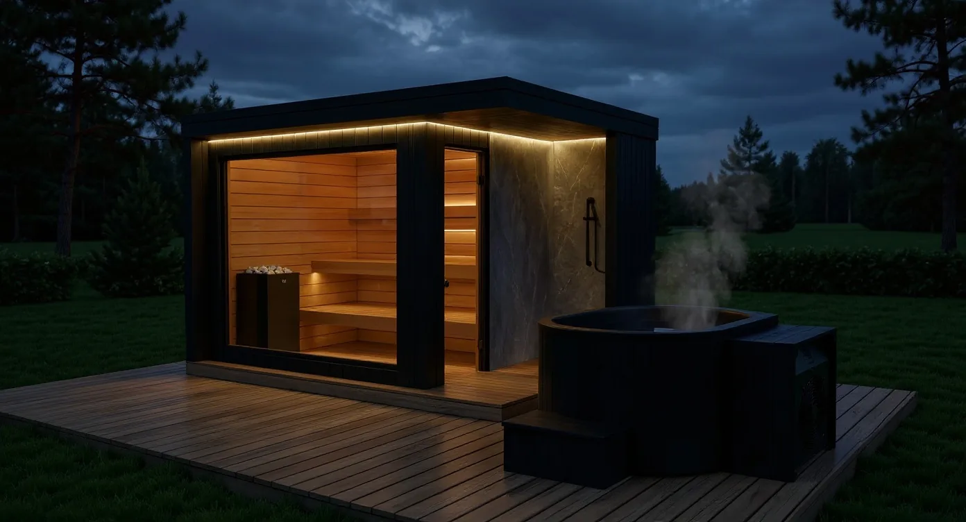 KUBIQ Sauna i cold plunge u večernjem outdoor wellness ambijentu