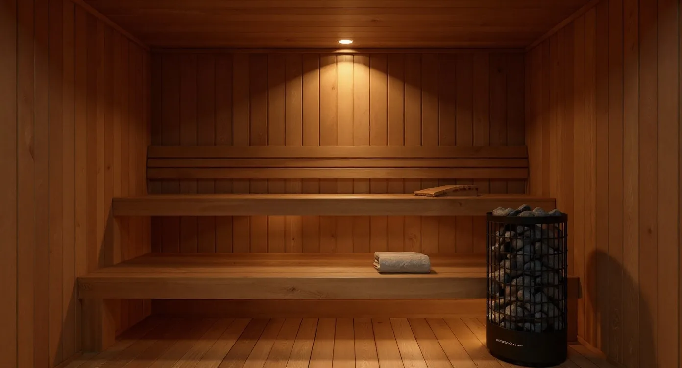 Innenraum finske Sauna s Holzbänken, Ofen s Steinen i Blick prema zimskom krajoliku