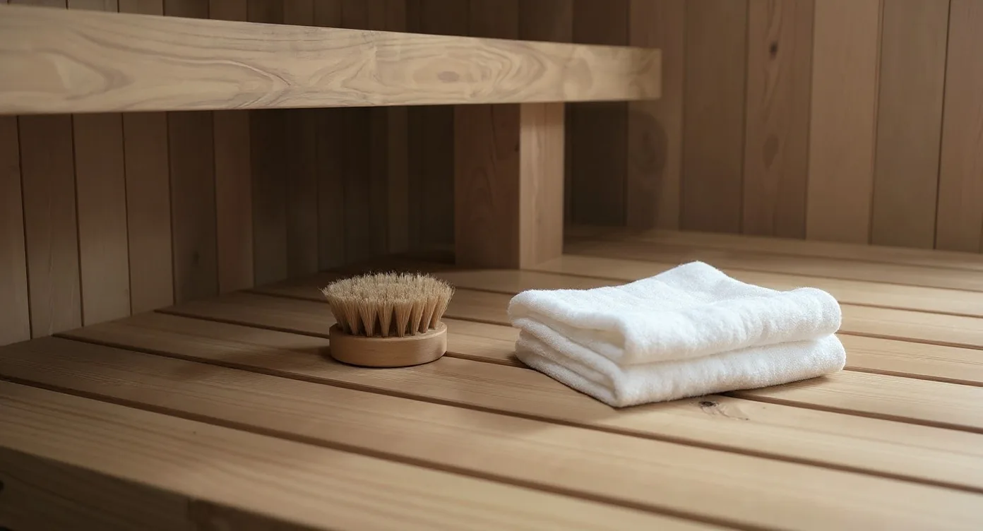 Outdoor sauna noću s vidljivom toplom unutrašnjošću od thermowood i stones na stove