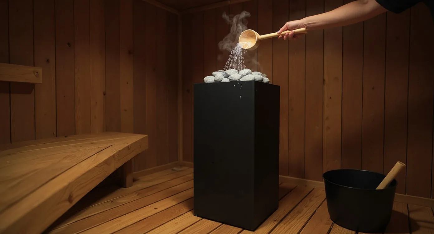 Pouring water on sauna stones with a small wooden ladle