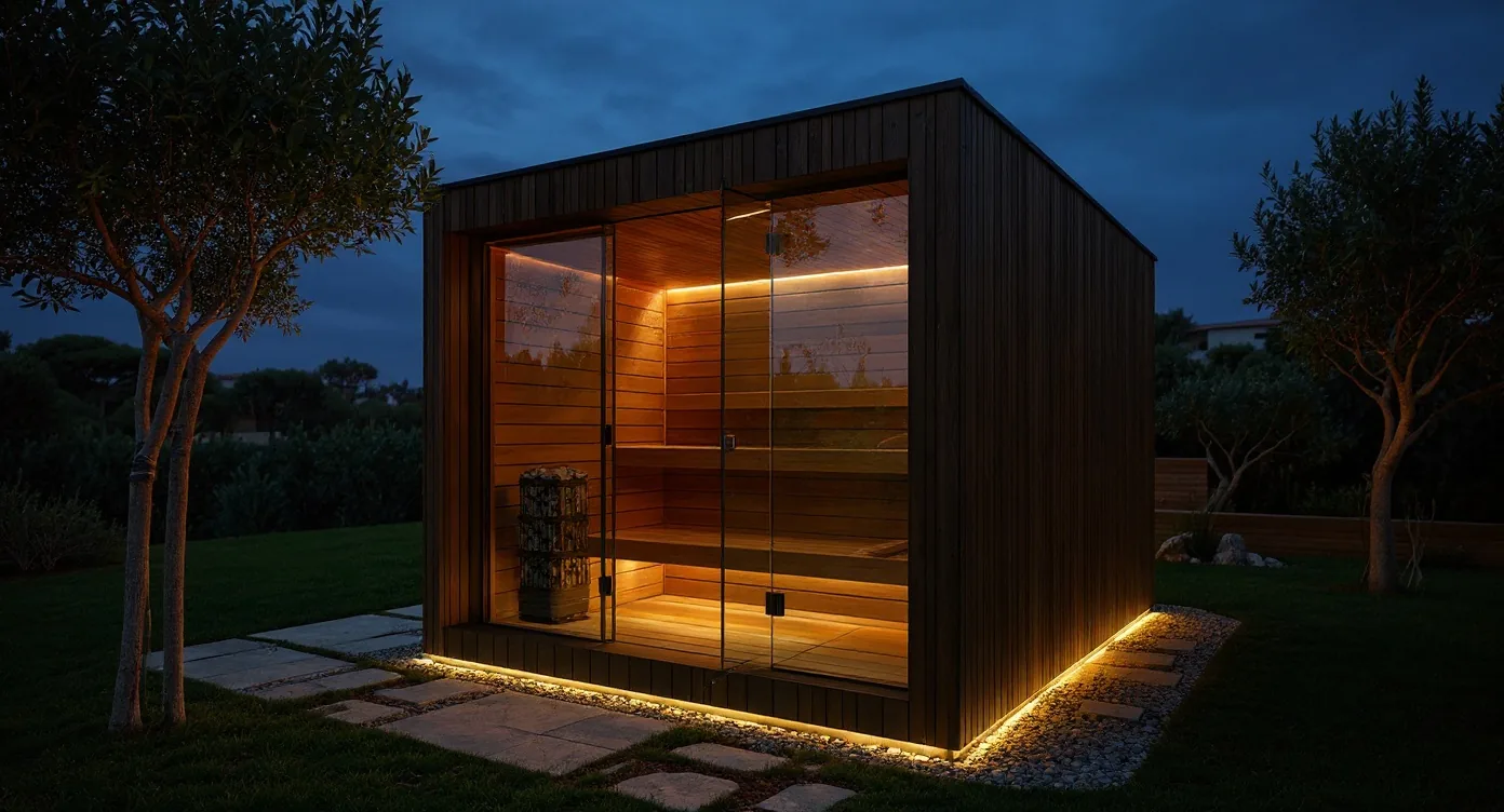 KUBIQ outdoor sauna in an evening wellness ambience with warm lighting