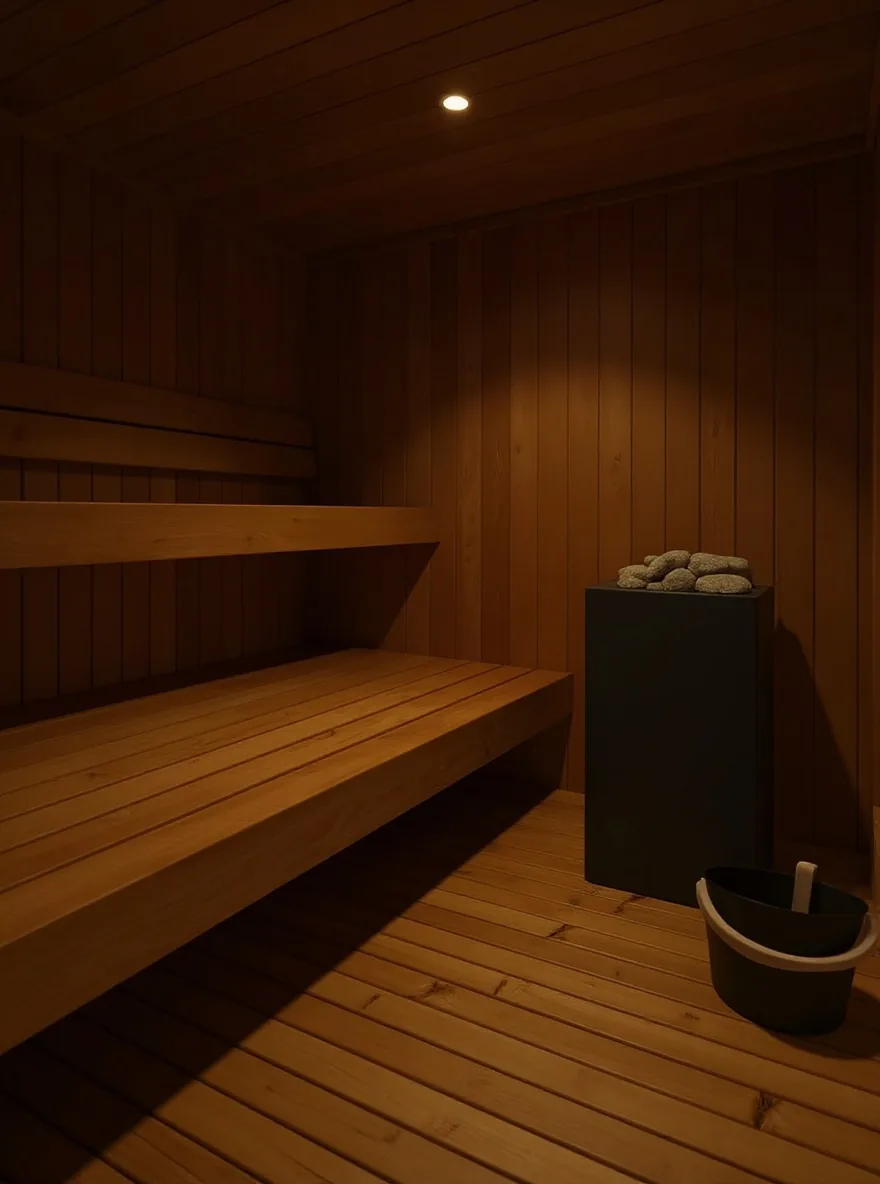 Warm sauna interior with wooden benches and indirect LED lighting