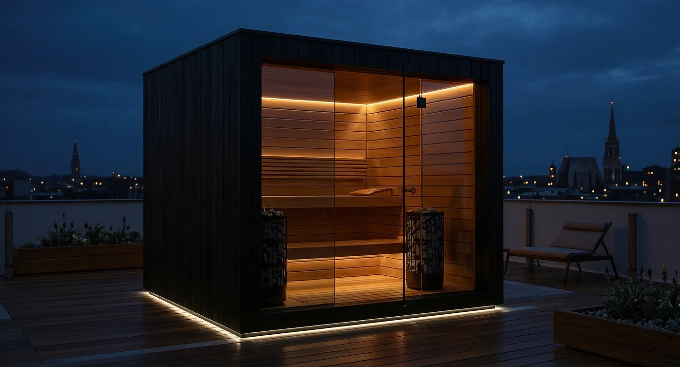 Outdoor sauna sa Shou Sugi Ban crnom fasadom od paljenog drva u sumraku, okružena vegetacijom — KUBIQ Eclipse Charred Black estetika