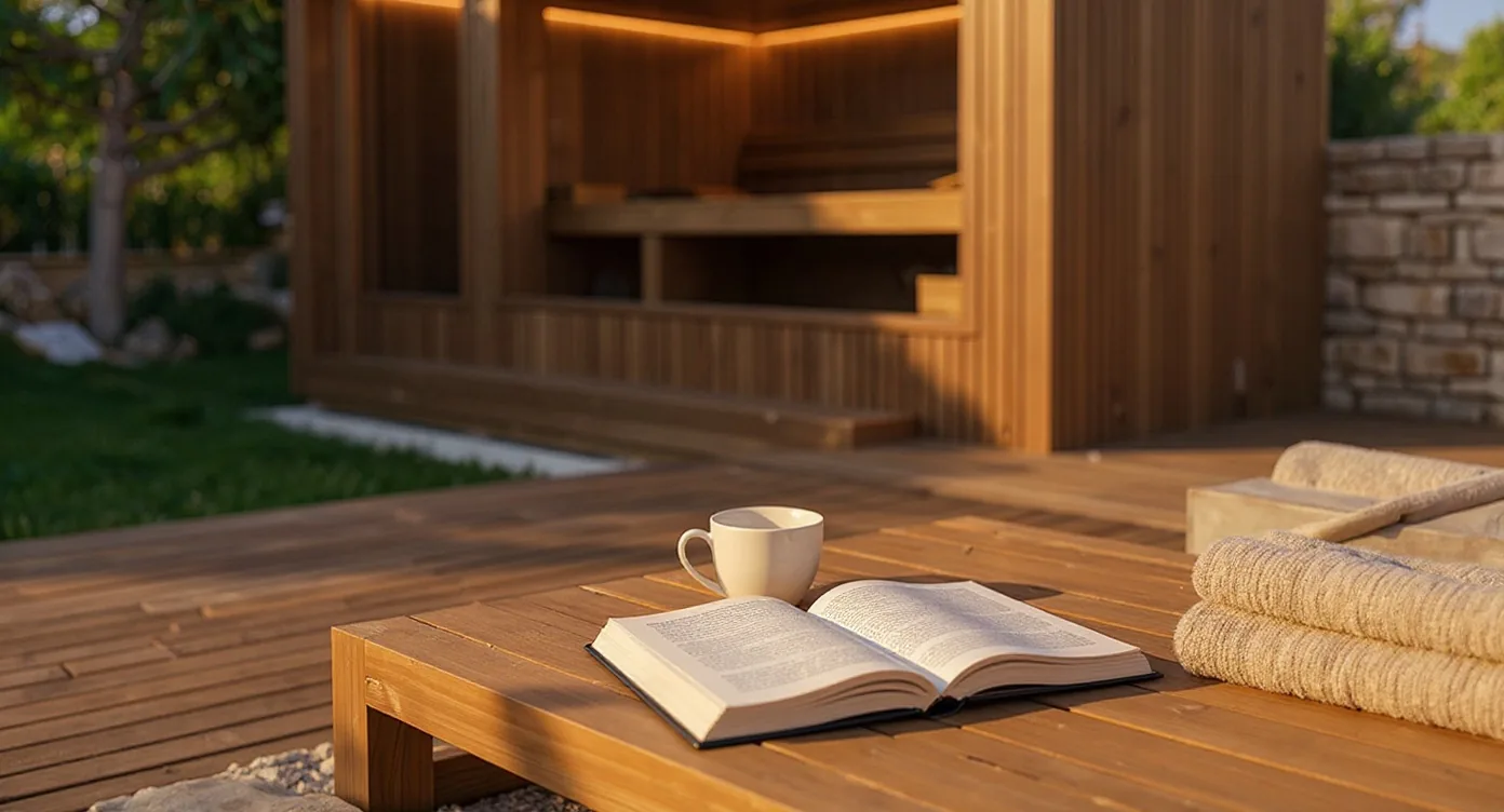 Mirni završetak sauna rituala uz vodu, ručnik i večernji outdoor wellness ambijent