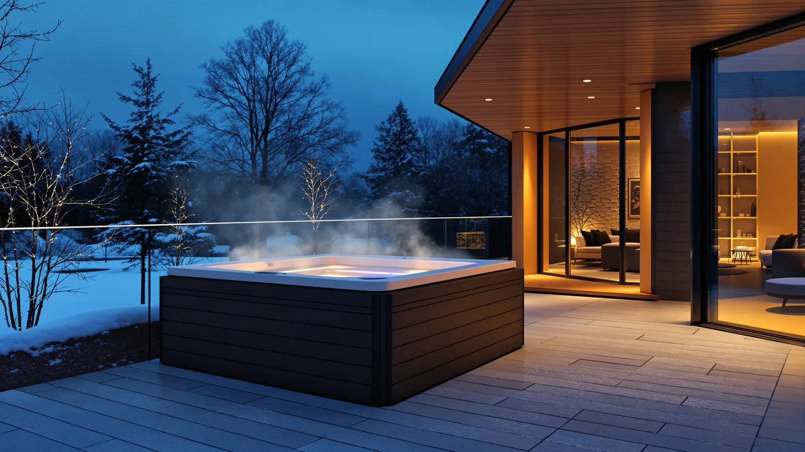 Vanjski hot tub integriran u terasu privatnog wellness prostora — KUBIQ Studio