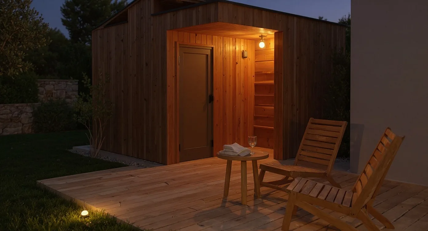 Večernji odmor nakon sauna rituala u outdoor wellness prostoru