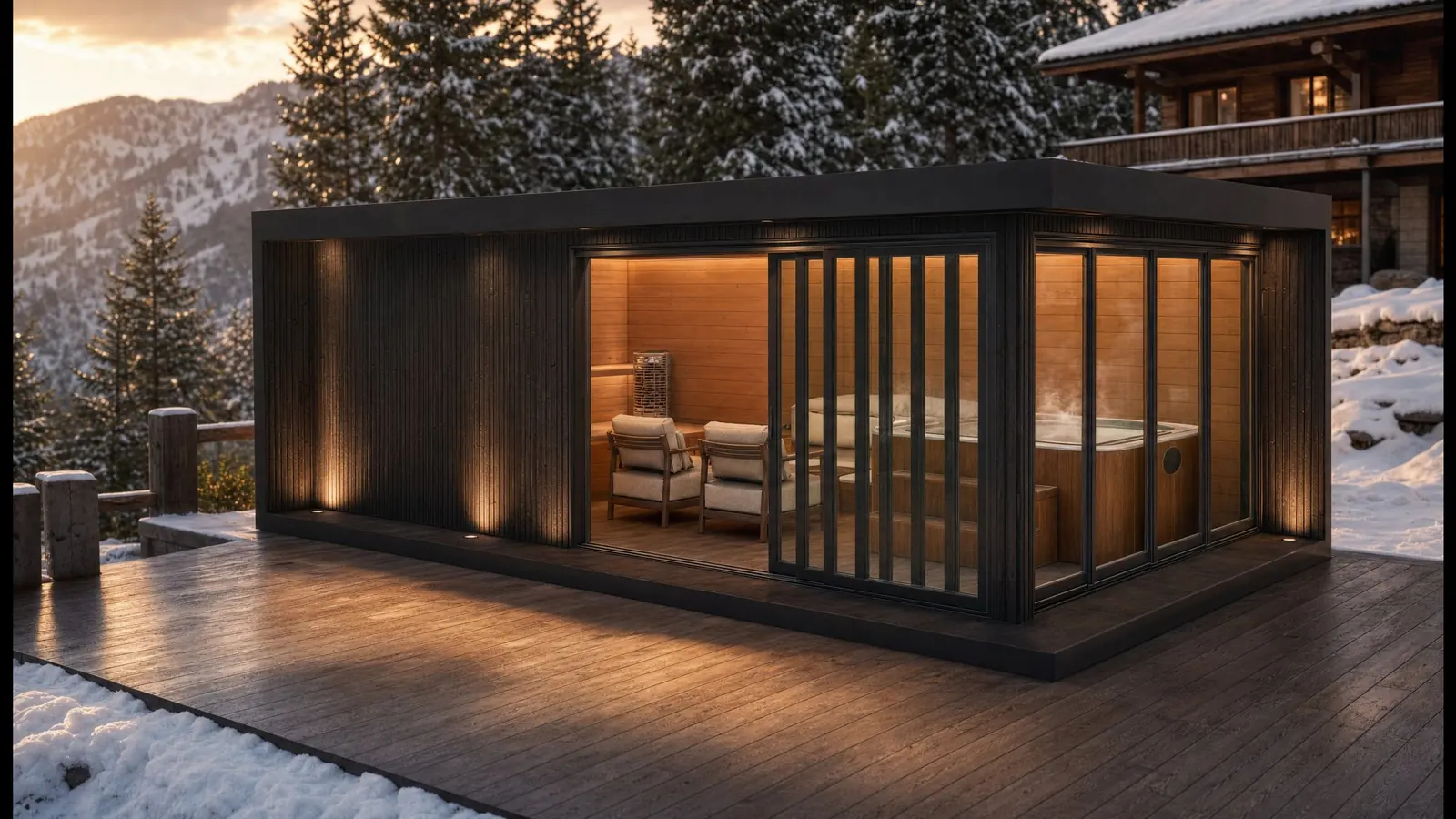 Tamni wellness paviljon sa saunom, hot tubom i lounge zonom na drvenoj terasi u zimskom planinskom okruženju